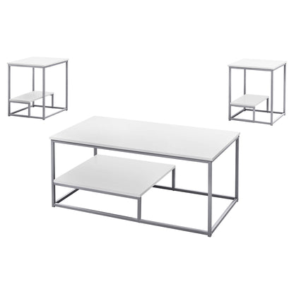 Ensemble de trois tables basses en métal blanc et argent de 42 po avec étagère