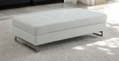 63" White Faux Leather And Silver Ottoman