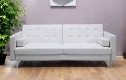 80" White Faux Leather Sleeper Sofa With Silver Legs