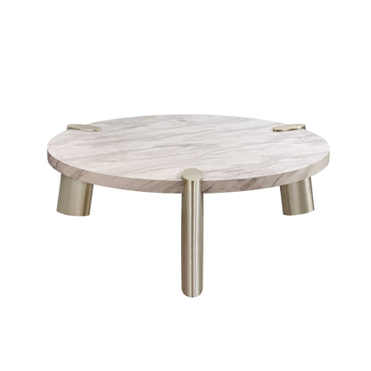 Table basse ronde en marbre véritable doré et blanc de 48 po