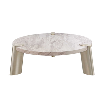 Table basse ronde en marbre véritable doré et blanc de 48 po