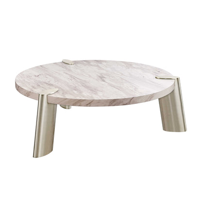 Table basse ronde en marbre véritable doré et blanc de 48 po