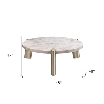 Table basse ronde en marbre véritable doré et blanc de 48 po