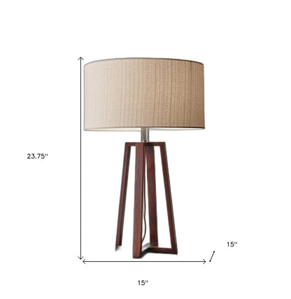 Lampe de table avec abat-jour en tissu lin et finition bois de noyer