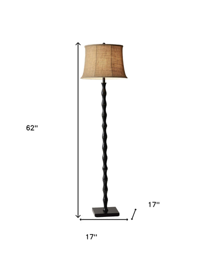 62" Black Textured Pole Floor Lamp With Beige Burlap Shade