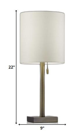 22" Antiqued Brass Metal Cylinder Table Lamp With Off White Drum Shade