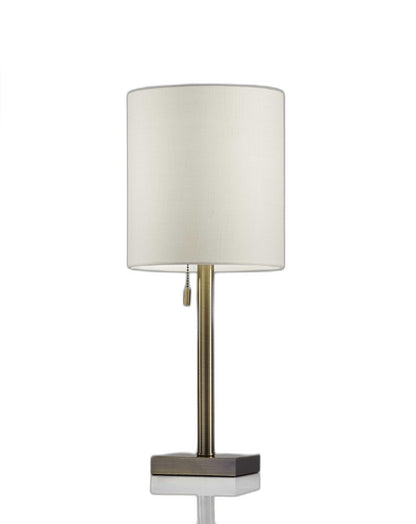 22" Antiqued Brass Metal Cylinder Table Lamp With Off White Drum Shade