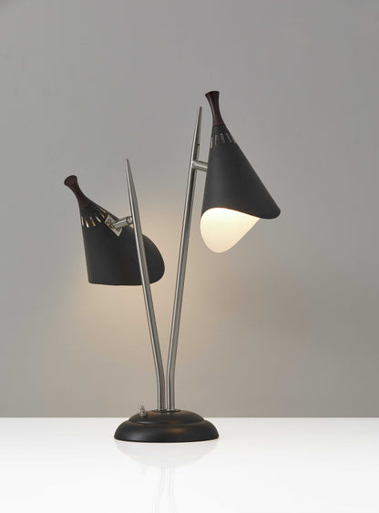 Lampe de bureau à deux lumières en métal noir et argent de 22 pouces avec abat-jour conique noir