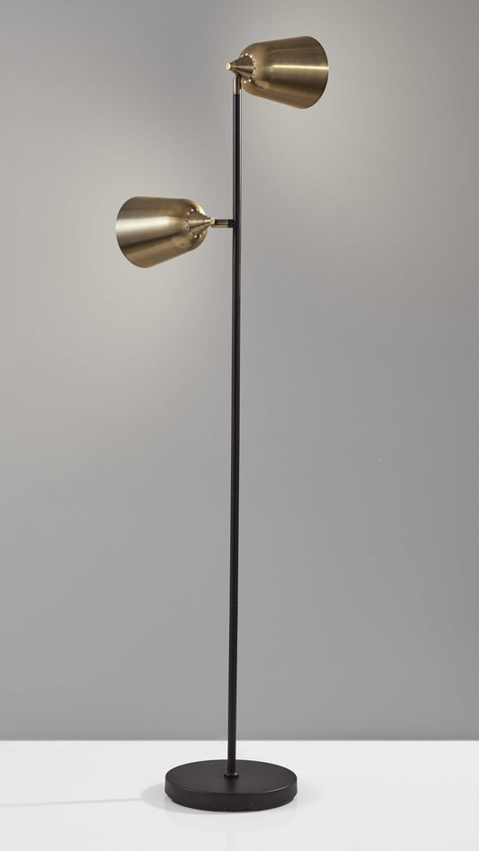 58" Black Two Light Floor Lamp With Antiqued Brass Cone Shades