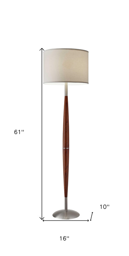 61" Brown Solid Wood Floor Lamp With White Fabric Drum Shade