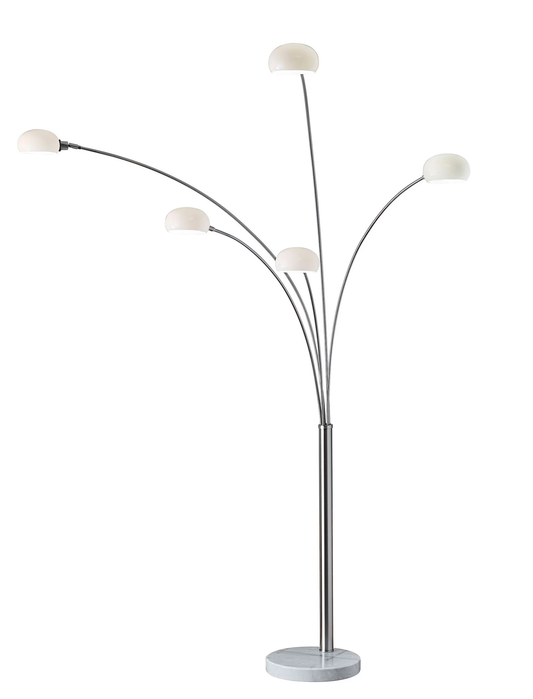 86" Steel Five Light Tree Floor Lamp With White Glass Dome Shade