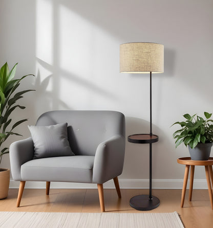 64" Black Tray Table Floor Lamp With Beige Drum Shade