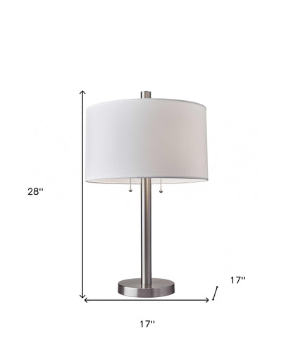 28" Silver Metal Two Light Bedside Table Lamp With White Drum Shade