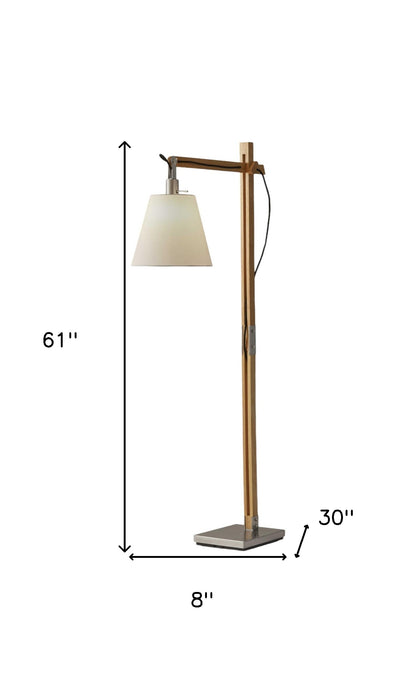 Natural Wood Floor Lamp With Adjustable Hinged Arm