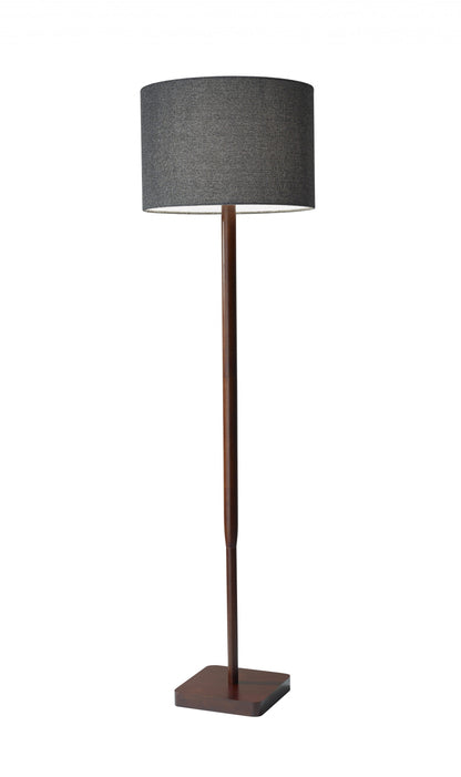 59" Brown Solid Wood Floor Lamp With Dark Gray Fabric Drum Shade