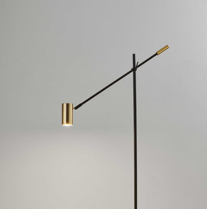 63" Black Adjustable LED Task Floor Lamp With Antiqued Brass Cylinder Shade