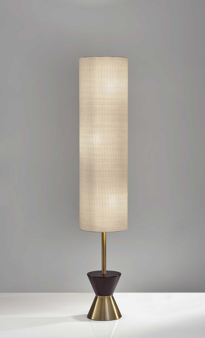 59" Brass And Wood Textured Cylinder Beige Floor Lamp