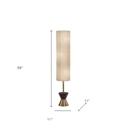 59" Brass And Wood Textured Cylinder Beige Floor Lamp