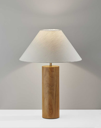 26" Natural Solid Wood Cylinder Table Lamp With White Cone Shade