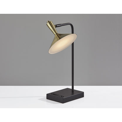 Lampe de bureau à LED en métal noir de 22 pouces avec USB et abat-jour conique en laiton vieilli