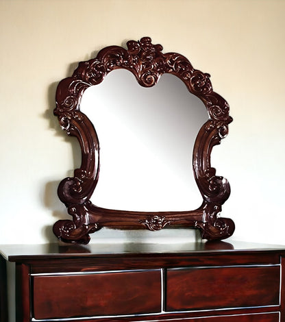 Miroir de commode avec cadre en bois massif et dessus couronné brun de 45 po