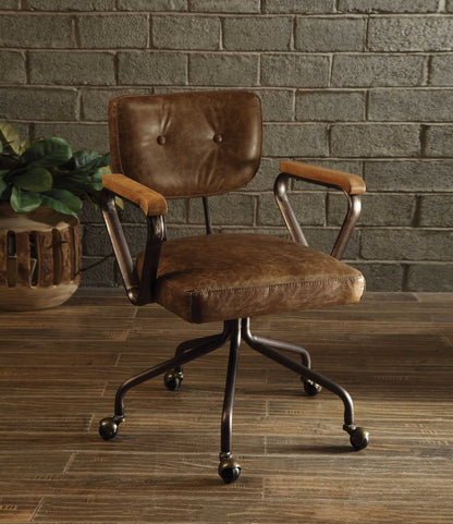 Brown and Black Swivel Faux Leather Rolling Office Chair