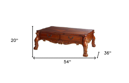 Table basse en bois massif marron de 54 po avec deux tiroirs