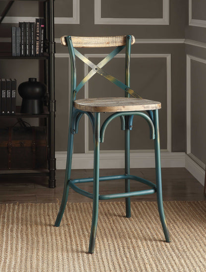 21" Brown And Turquoise Solid Wood And Metal Bar Chair