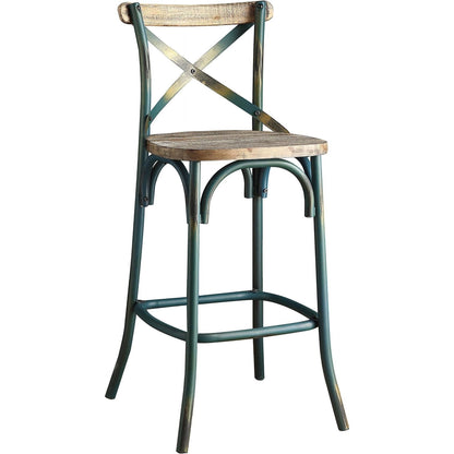 21" Brown And Turquoise Solid Wood And Metal Bar Chair