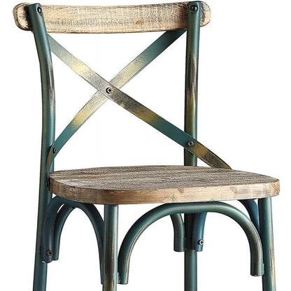 21" Brown And Turquoise Solid Wood And Metal Bar Chair