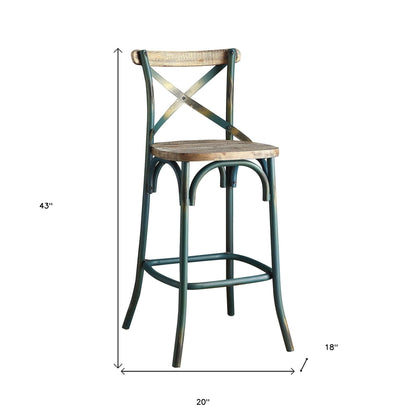 21" Brown And Turquoise Solid Wood And Metal Bar Chair