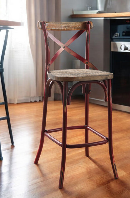 21" Brown And Turquoise Solid Wood And Metal Bar Chair