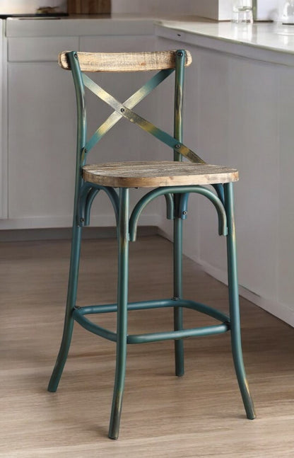 21" Brown And Turquoise Solid Wood And Metal Bar Chair