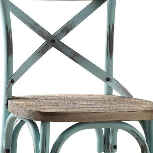 21" Brown And Turquoise Solid Wood And Metal Bar Chair