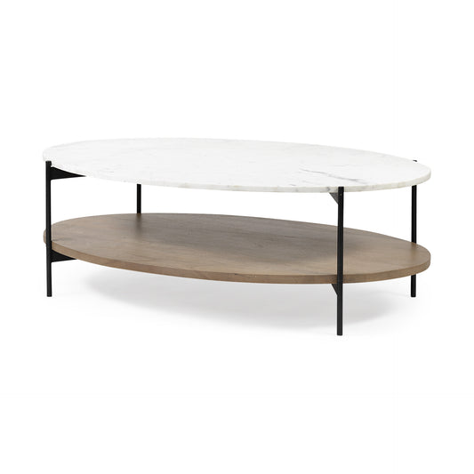 Table basse ovale avec plateau en marbre blanc et base en métal noir et étagère en bois