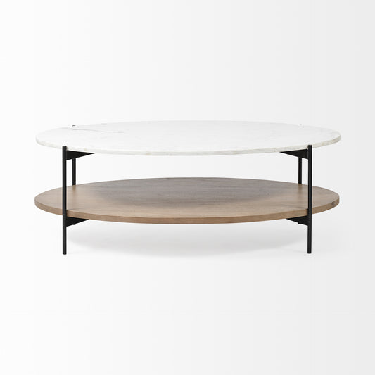 Table basse ovale avec plateau en marbre blanc et base en métal noir et étagère en bois