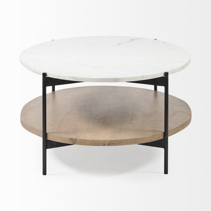 Table basse ovale avec plateau en marbre blanc et base en métal noir et étagère en bois