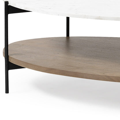 Table basse ovale avec plateau en marbre blanc et base en métal noir et étagère en bois