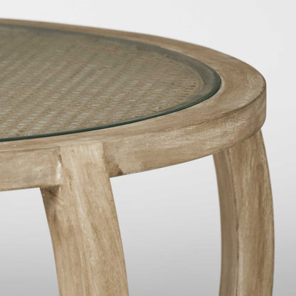 Tables basses rondes en rotin tressé de 41,5 po S2 avec plateau en verre et bois massif