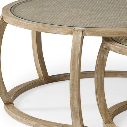 Tables basses rondes en rotin tressé de 41,5 po S2 avec plateau en verre et bois massif