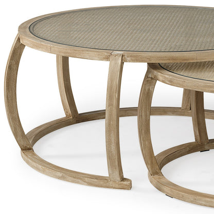 Tables basses rondes en rotin tressé de 41,5 po S2 avec plateau en verre et bois massif