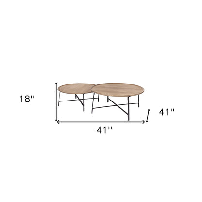 Ensemble de deux tables basses rondes gigognes en bois massif et fer brun et noir de 41 po