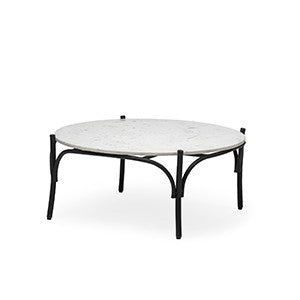 Table basse ronde de 36 po avec plateau en marbre blanc et base en métal noir