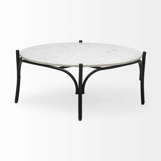 Table basse ronde de 36 po avec plateau en marbre blanc et base en métal noir