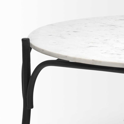 Table basse ronde de 36 po avec plateau en marbre blanc et base en métal noir