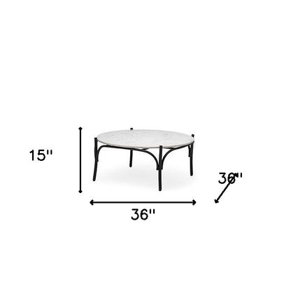 Table basse ronde de 36 po avec plateau en marbre blanc et base en métal noir