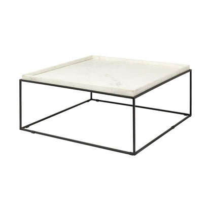 Table basse carrée en marbre véritable et métal blanc et noir de 36 po