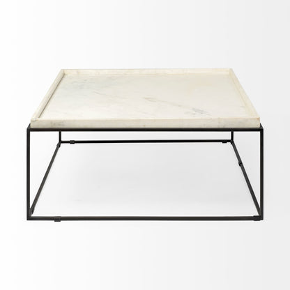 Table basse carrée en marbre véritable et métal blanc et noir de 36 po