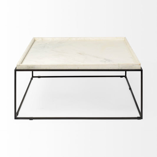 Table basse carrée en marbre véritable et métal blanc et noir de 36 po