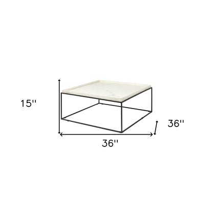 Table basse carrée en marbre véritable et métal blanc et noir de 36 po